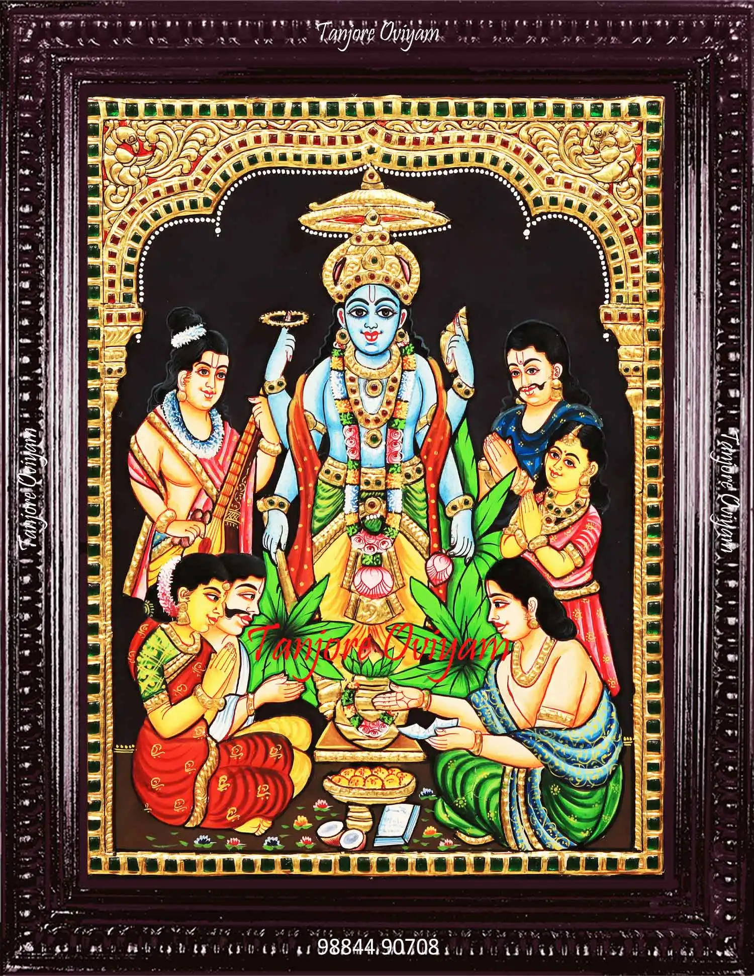 Hand-painted Sathya Narayana Tanjore Painting of Lord Vishnu with devotees in traditional gold-embossed Tanjore art style